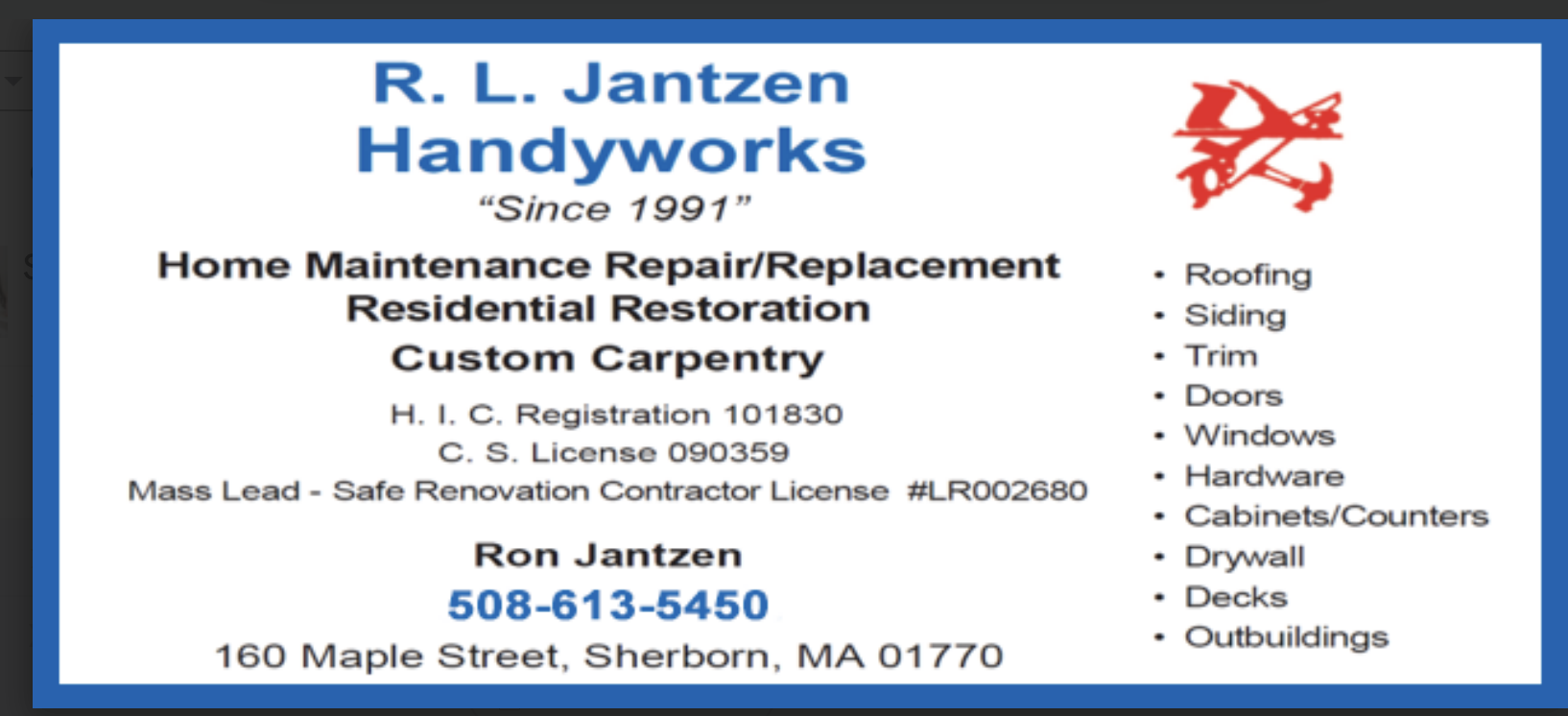 R. L. Jantzen Handyworks — Home maintenance, repair, and custom carpentry in Sherborn, MA