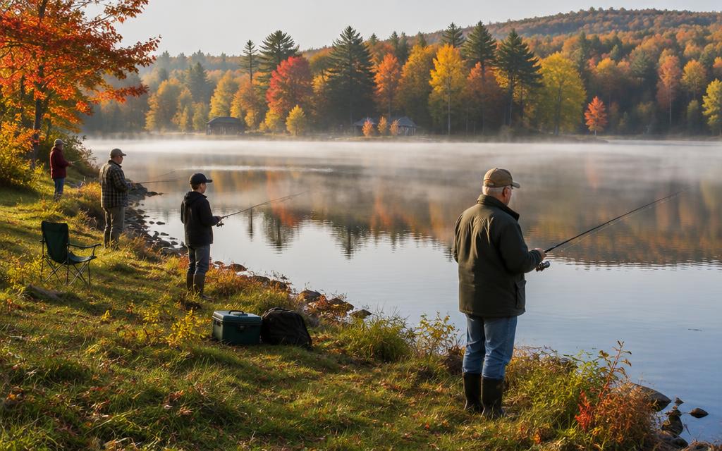Anglers fishing from the shore of a New England pond on an autumn morning