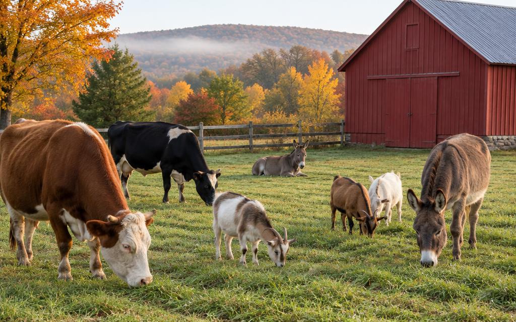 Rescued cows, goats and donkeys grazing at a New England farm animal sanctuary